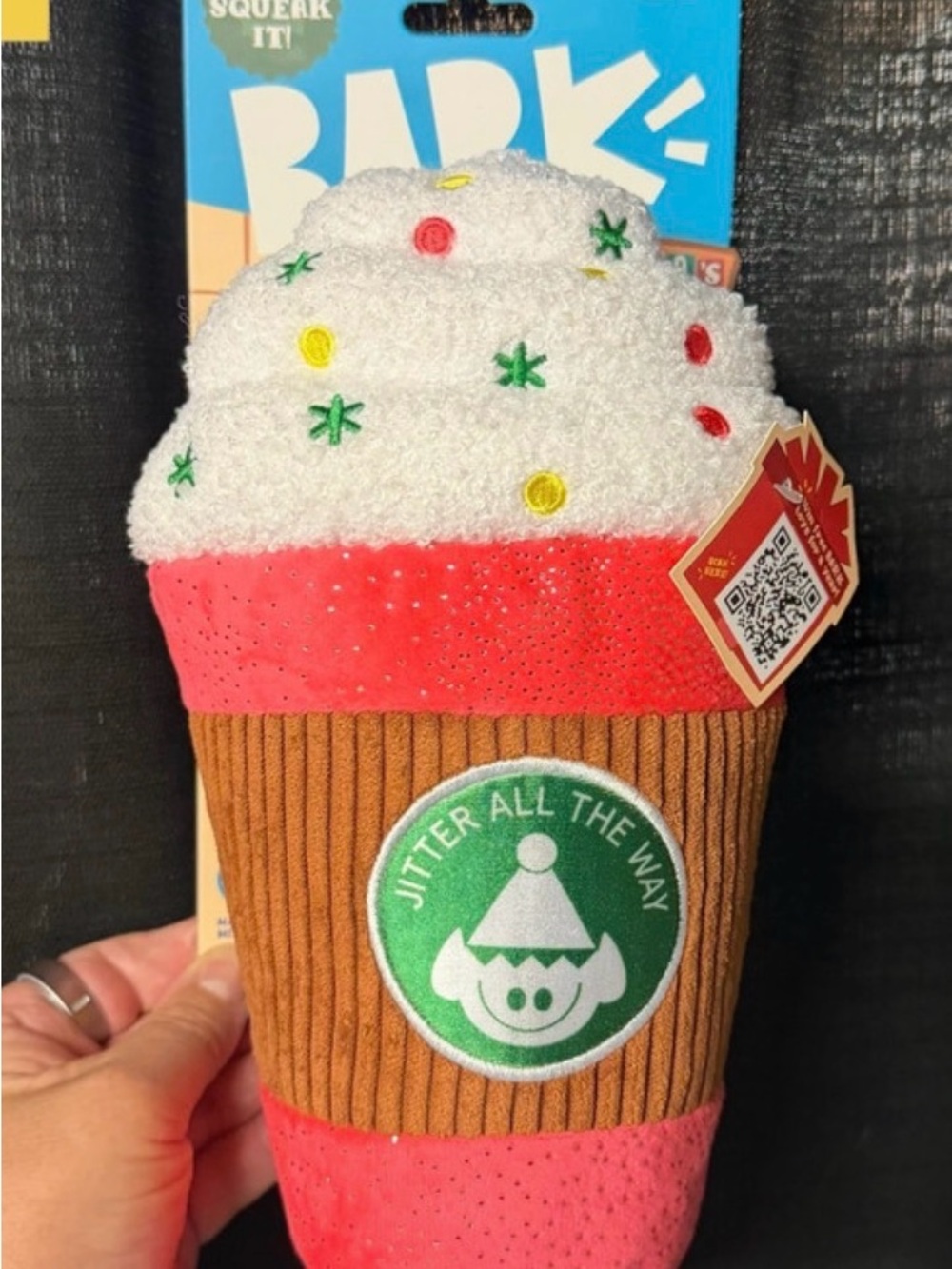 Jumbo 10” Bark Box Jingle Latte Dog Toy Squeaky Plush Holiday Coffee Cup Toy